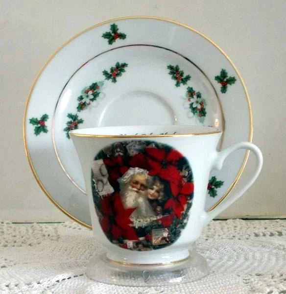 personalized mugs with funny designs-Catherine Porcelain Tea Cup and Saucer Set of 2 - Christmas Santa