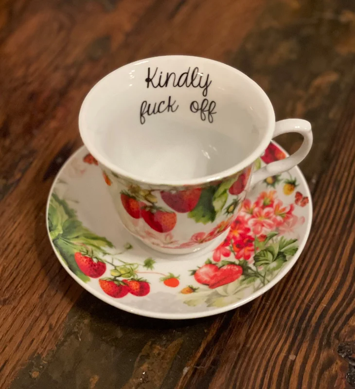 custom mugs for promotional giveaways-Kindly fuck off, Bitch | vulgar vintage style pink flowers and berries tea cup and 'Bitch' saucer set