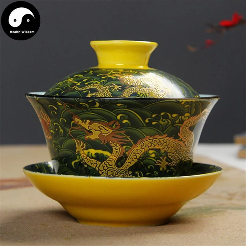 funny coffee mugs for morning routines-Ceramic Gaiwan Tea Cup 200ml 盖碗,Green Dragon