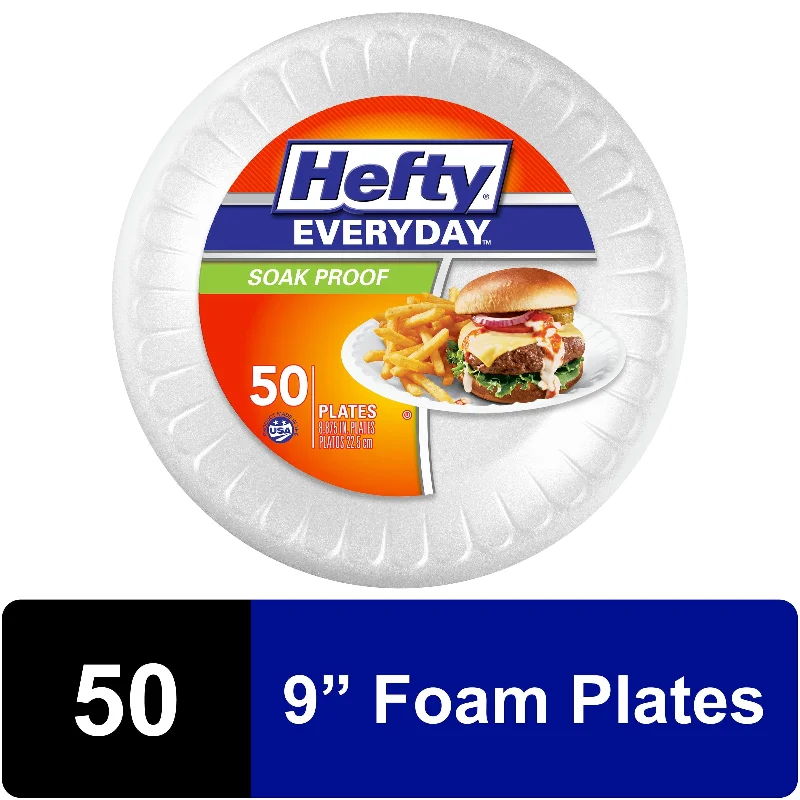 dinnerware set with matching serving platters-Hefty Everyday Soak-Proof Foam Plates, White, 9 Inch, 50 Count