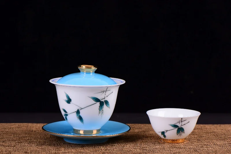 trendy travel mugs for commuters-White Porcelain "Blue Bamboo" Hand-Painted Gaiwan and Tea Cups