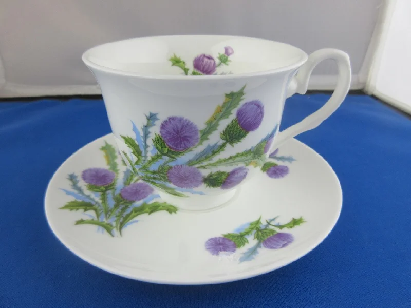 custom travel mugs for camping-York English Bone China Thistle Teacups and Saucers Set of 2