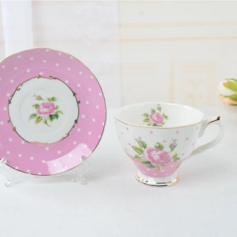 eco-friendly coffee mugs for tea-Pretty Pink Polka Dot Porcelain Teacups and Saucers Set of 4