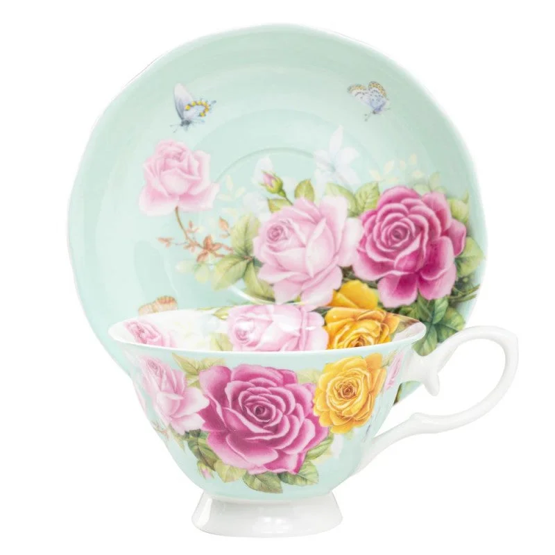 best mugs for winter morning tea-The Most Beautiful Roses on Mint Fine Bone China Teacup and Saucer