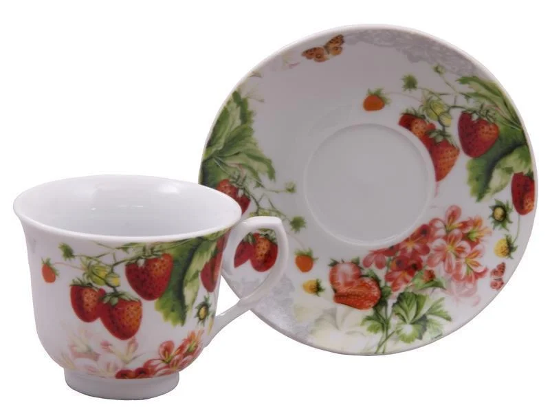 reusable mugs for tea lovers-Red Strawberry Fine Porcelain Teacups Tea Cups and Saucers Set of 6