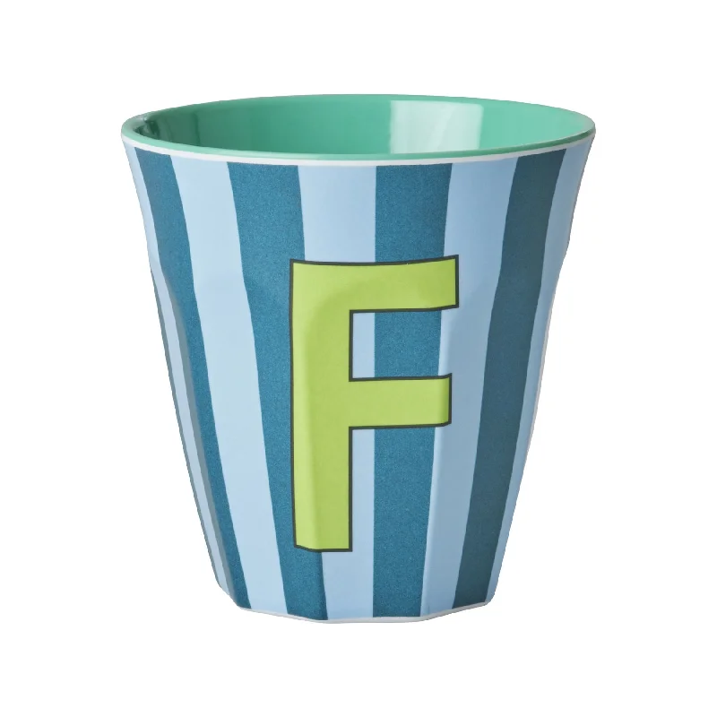 high-quality mugs for gifts-Rice DK Melamine Cup with The Letter F - Stripes Blueish - Medium - 250ml