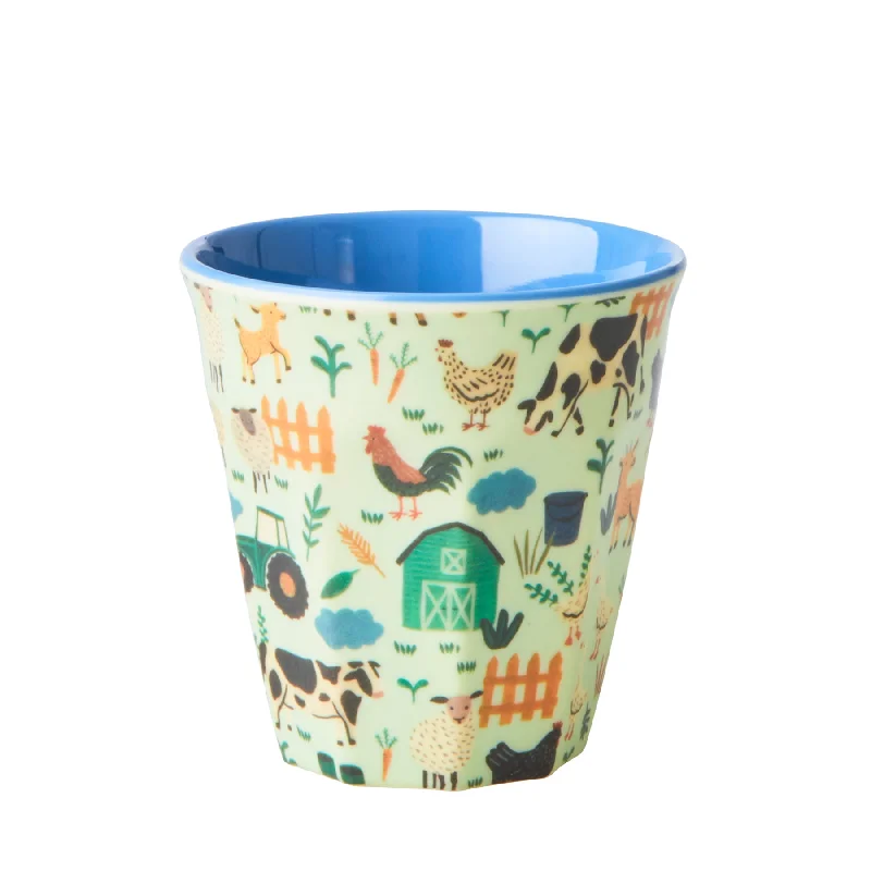 stylish mugs for weddings-Rice DK Melamine Kids Cup with Blue Farm Print - Small