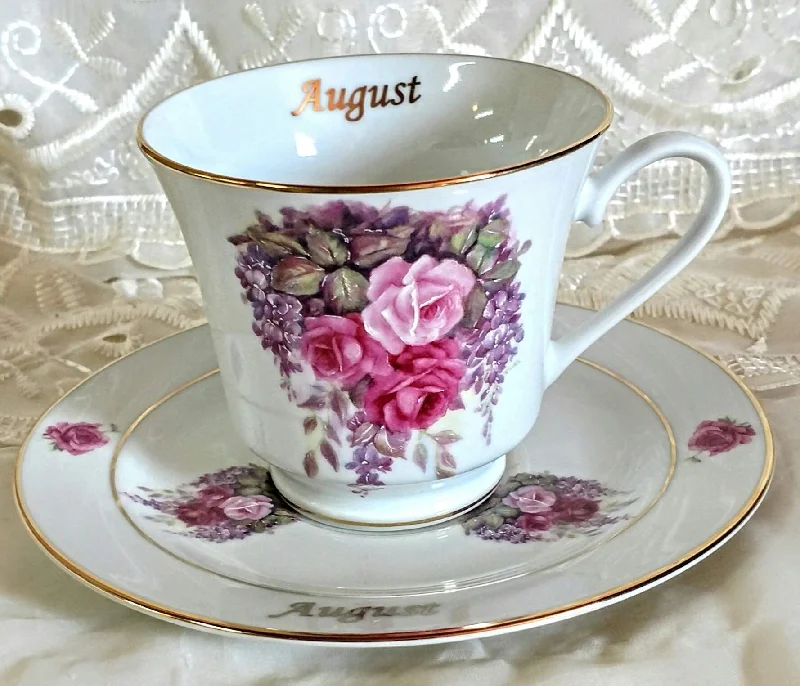 insulated coffee mugs with handles-Flower of the Month Birthday Teacup and Saucer - August