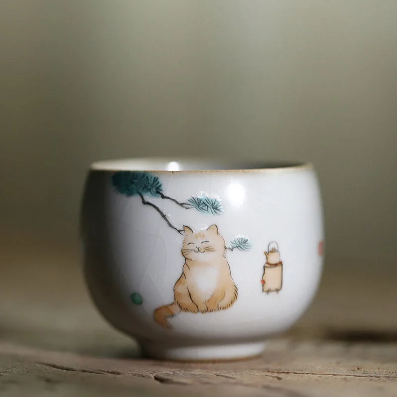 best coffee cups for office meetings-Ru Yao Celadon "Contented Kitty Cat" Hand-Painted Cup