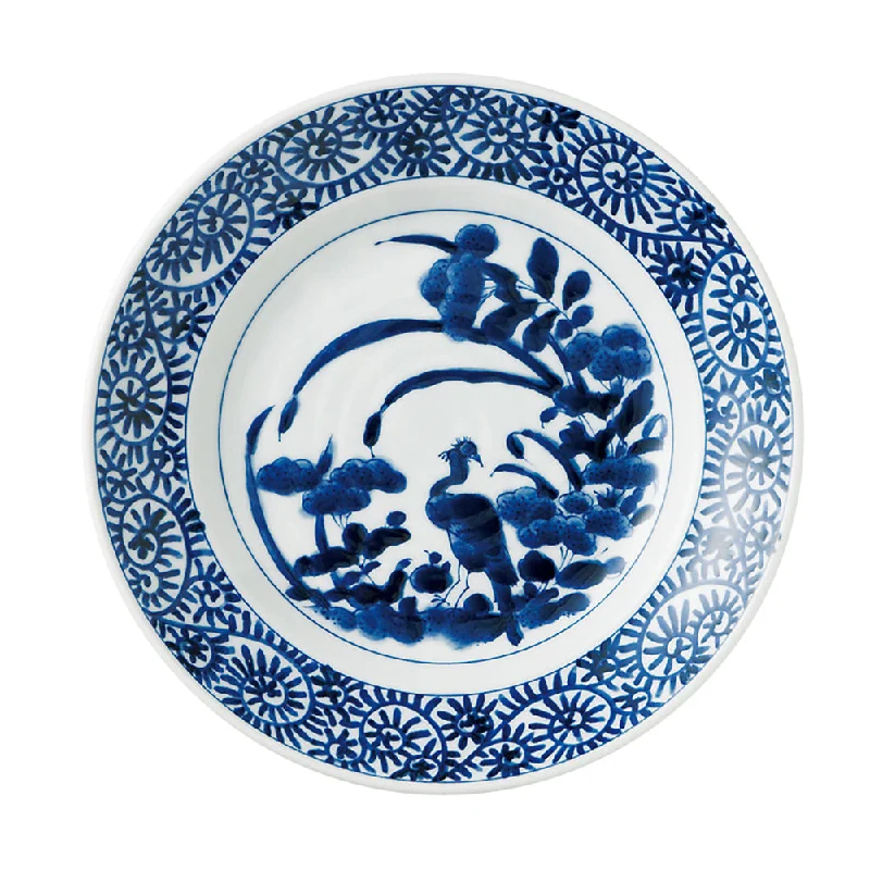 luxury dinner plates with floral prints-Karakusa Blue and White Dinner Plate - Bird and Flowers