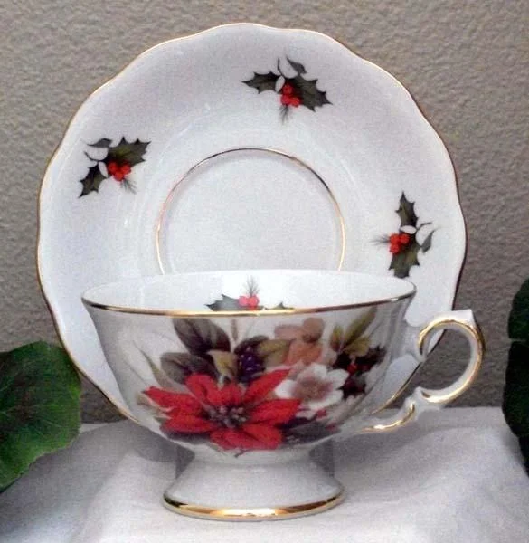 best mugs for daily coffee intake-Laurel Poinsettia Porcelain Tea Cups (Teacups) and Saucers Set of 2