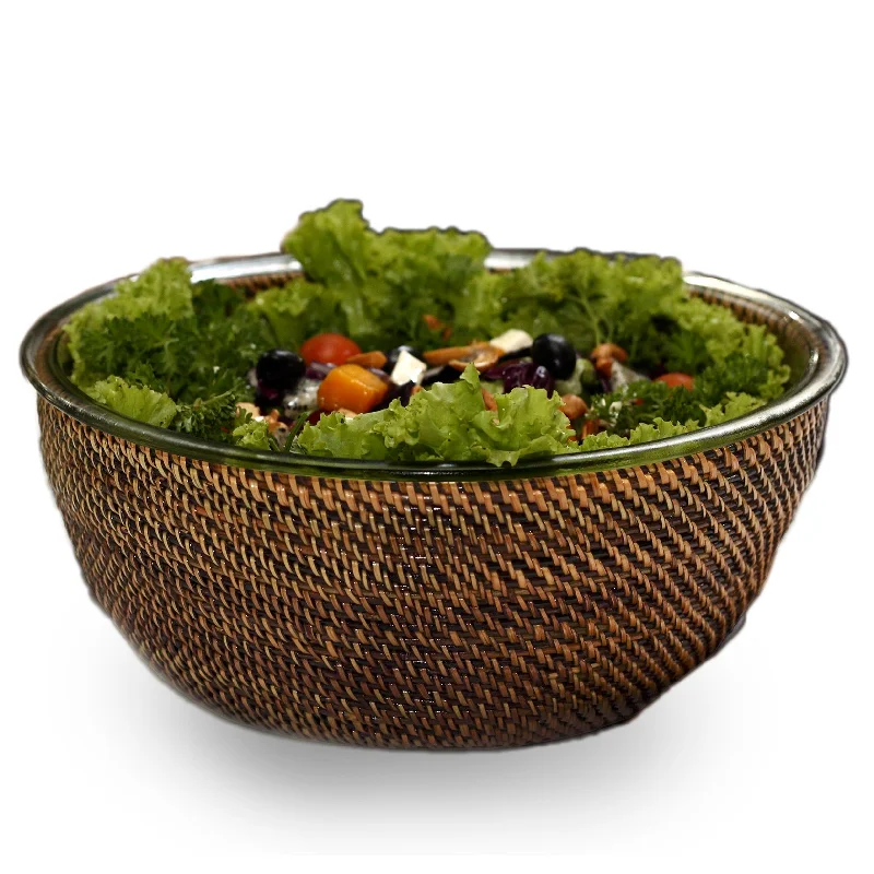 floral design dinnerware set-Rattan And Glass Salad Bowl