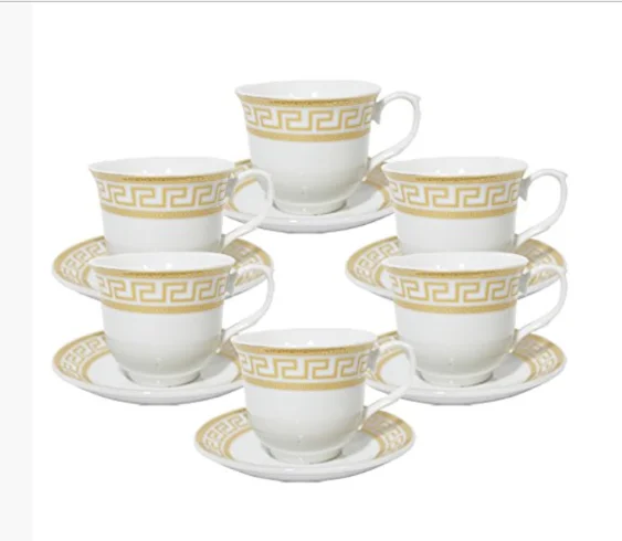 unique mugs for coffee shops-Case of 36 Gold Geometric Border Wholesale Tea Cups and Saucers