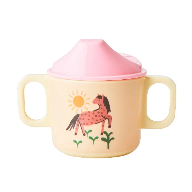 large coffee mugs for slow mornings-Rice DK Melamine 2 Handle Baby Cup with Soft Pink Farm Print