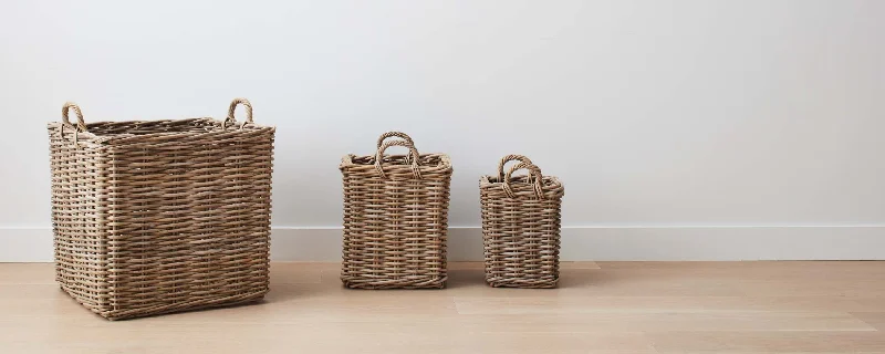 reusable dinner plates for picnics and BBQs-grey washed square rattan baskets