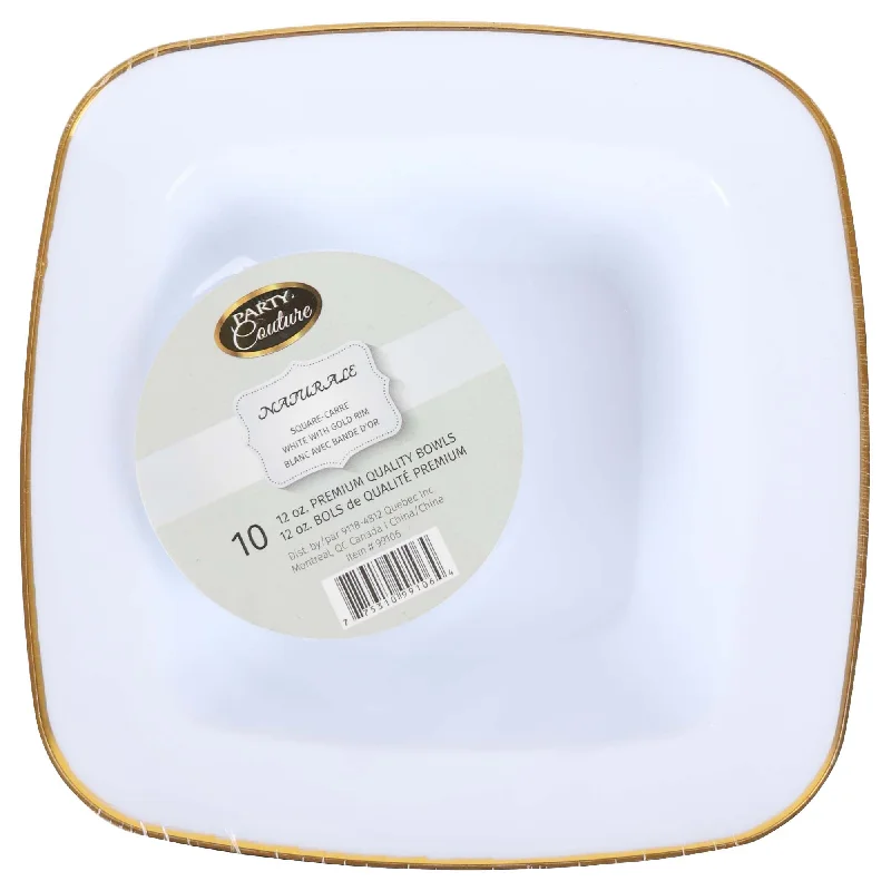 elegant ceramic dinner plates set-White Premium Quality Square Bowls with Gold Rim, 12 oz, 10 Count