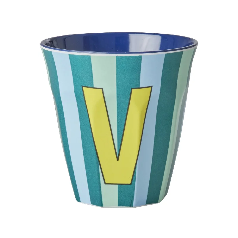 cute coffee cups for brunch gatherings-Rice DK Melamine Cup with The Letter V - Stripes Blueish - Medium - 250ml