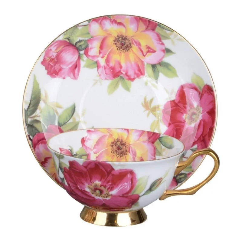 high-quality ceramic coffee cups-Ravishing Red Roses Bone China Teacup and Saucer Trimmed in Gold