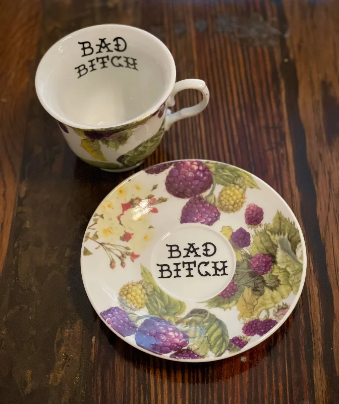 travel mugs for all-day coffee-Bad Bitch | vulgar vintage style floral blackberry china tea cup with matching saucer