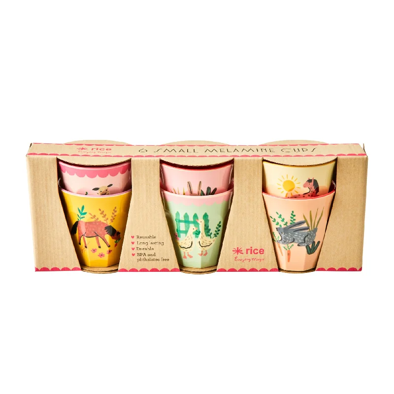 insulated tea mugs for long commutes-Rice DK Melamine Cups with Assorted Pink Farm Prints - Small - 6 pcs - Giftbox