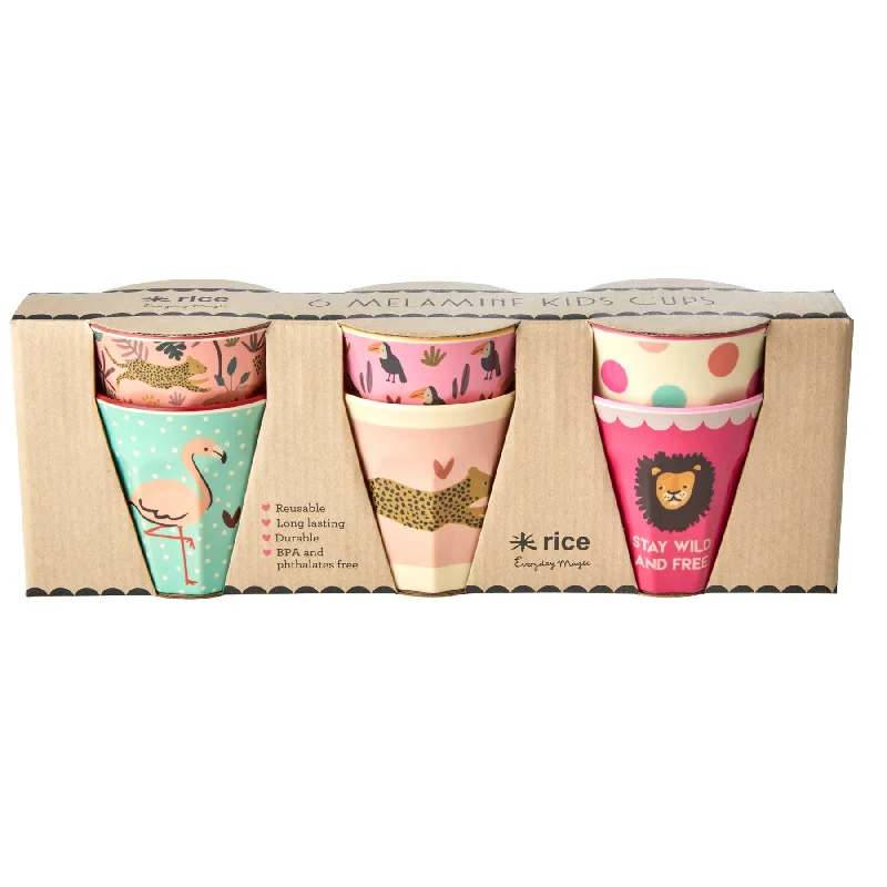 cute mugs for party favors-Rice DK Melamine Kids Cups with Assorted Jungle Print - Small - 6 pcs in Giftbox