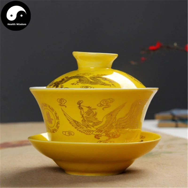 large coffee mugs for coffee lovers-Ceramic Gaiwan Tea Cup 200ml 盖碗,Yellow Phoenix