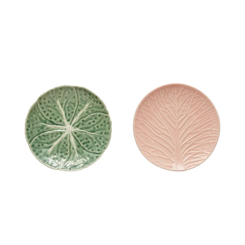 disposable plastic plates for large gatherings-Hand-Painted Embossed Stoneware Cabbage Plate - 6.0"L x 6.0"W x 0.4"H