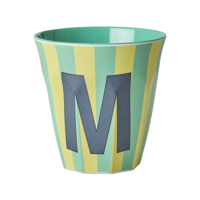 unique coffee mugs for summer-Rice DK Melamine Cup with The Letter M - Stripes Blueish - Medium - 250ml