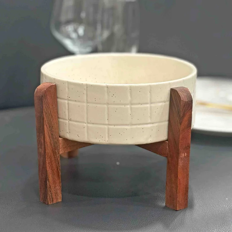 dinnerware with matching serving dishes-Cream Ceramic bowl with wood stand - 8x5 inch