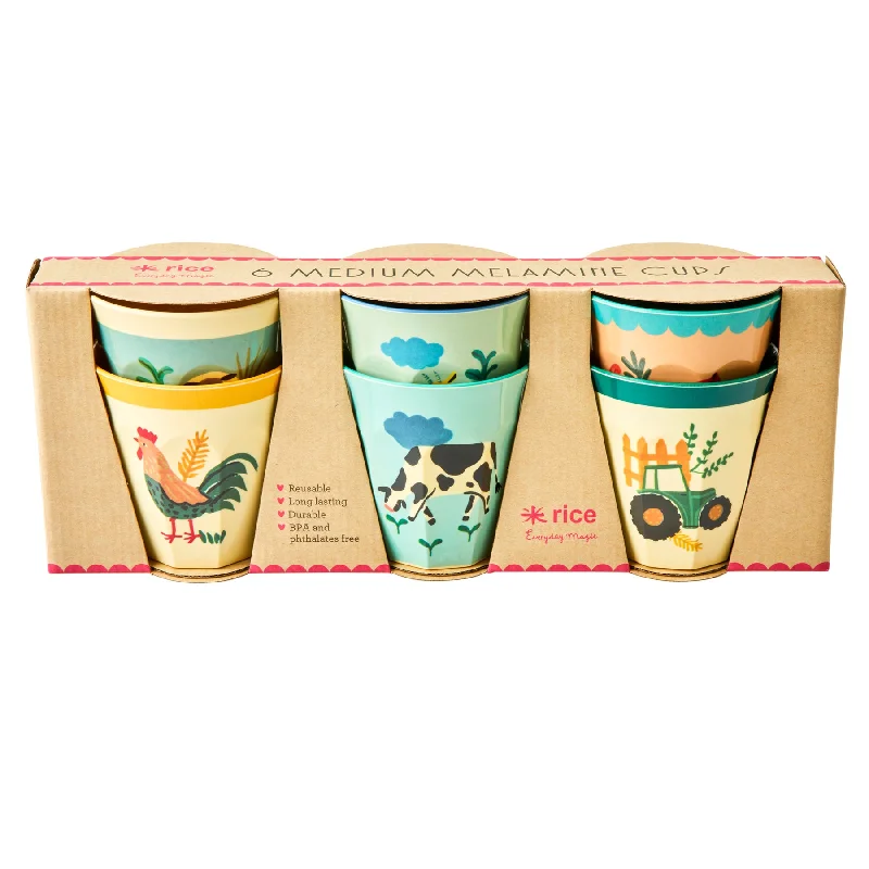 reusable coffee mugs for eco-conscious individuals-Rice DK Melamine Cups with Assorted Blue Farm Prints - Medium - 6 pcs - Giftbox