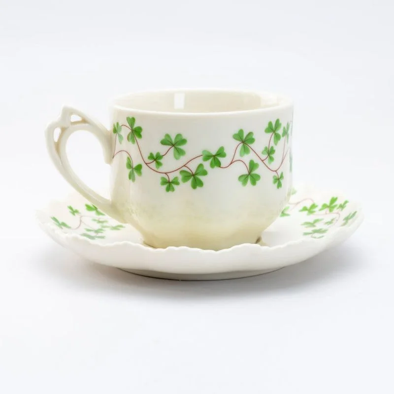 custom mugs for restaurant promotions-Clover Vine Hand Crafted Porcelain Tea Cups Teacups and Saucers - Set of 4