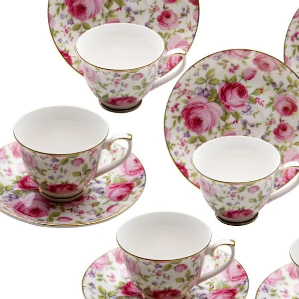 thermal coffee mugs for work breaks-Set of 4 Climbing Rose Vine Demi Teacups (Tea Cups) and Saucers in Gift Box