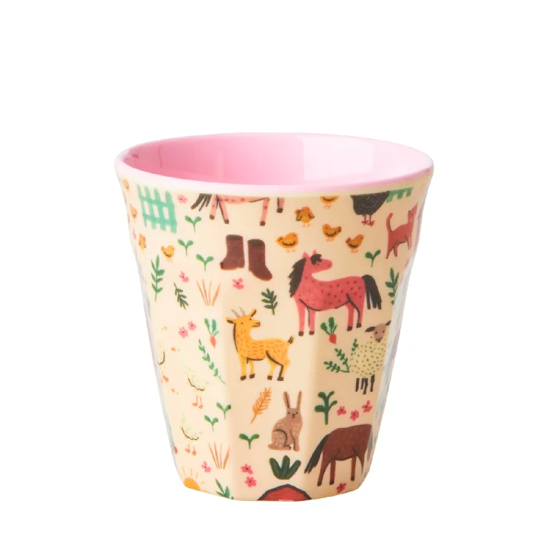 funny coffee mugs for office gatherings-Rice DK Melamine Kids Cup with Soft Pink Farm Print - Small