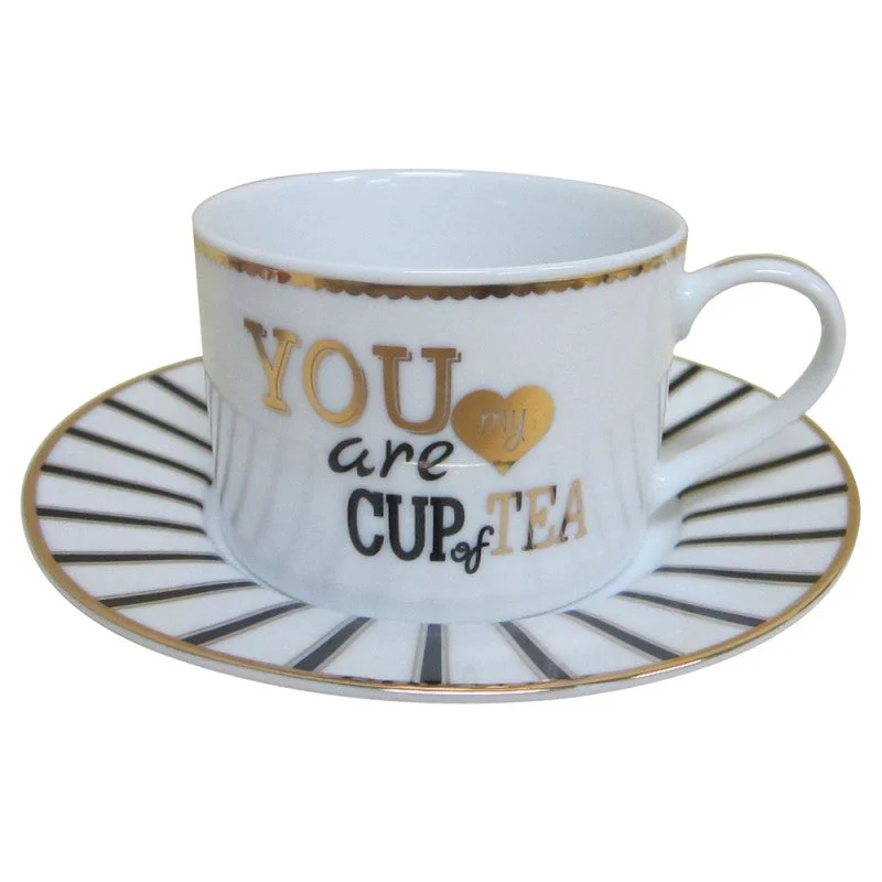 large insulated coffee mugs for camping-You Are My Cup of Tea Gold & Black Porcelain Teacups and Saucers Set of 4