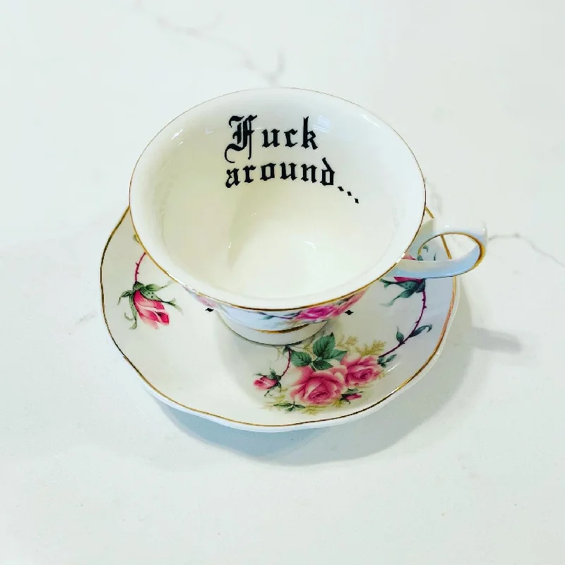 high-quality coffee mugs for tea drinkers-Fuck around & find out | Vulgar vintage hand painted cup and saucer set