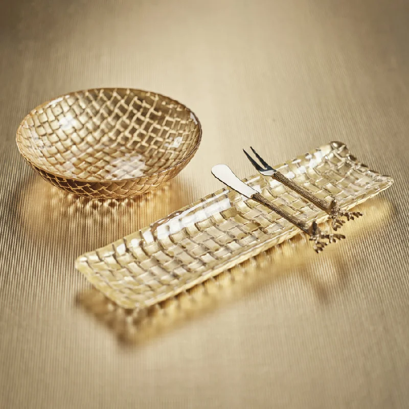 disposable plates for parties and picnics-Braided Rectangular Glass Plate - Gold