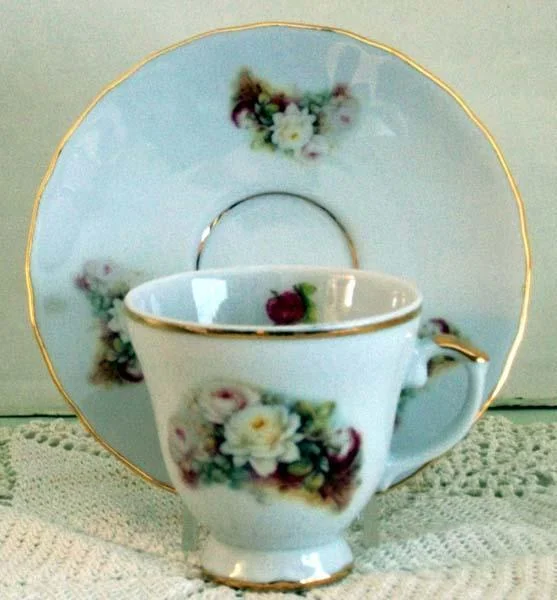 cute mugs for party favors-Set of 2 Demitasse Tea Cup and Saucer White Rose Spray