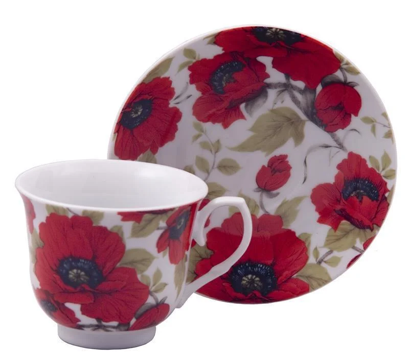 large ceramic coffee cups for home-Red Poppy Fine Porcelain Teacups Tea Cups and Saucers Case of 24