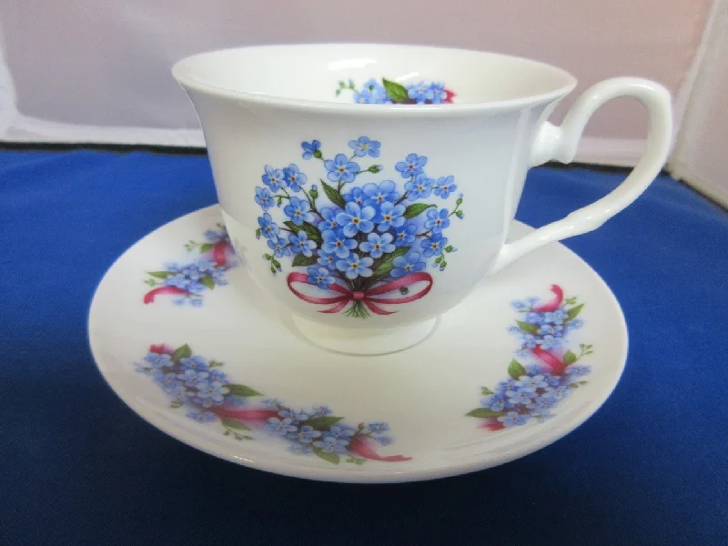 stylish coffee cups for office use-York English Bone China Blue Forget Me Not Teacups and Saucers Set of 2