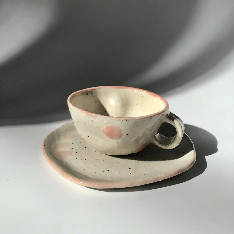 stylish coffee cups for office use-Hiroshi Hirai: Heart Shaped Cup & Saucer Set, Pink Accents