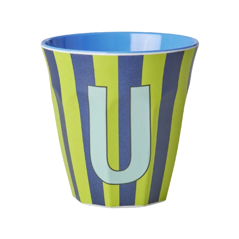 funny tea mugs for coworkers-Rice DK Melamine Cup with The Letter U - Stripes Blueish - Medium - 250ml