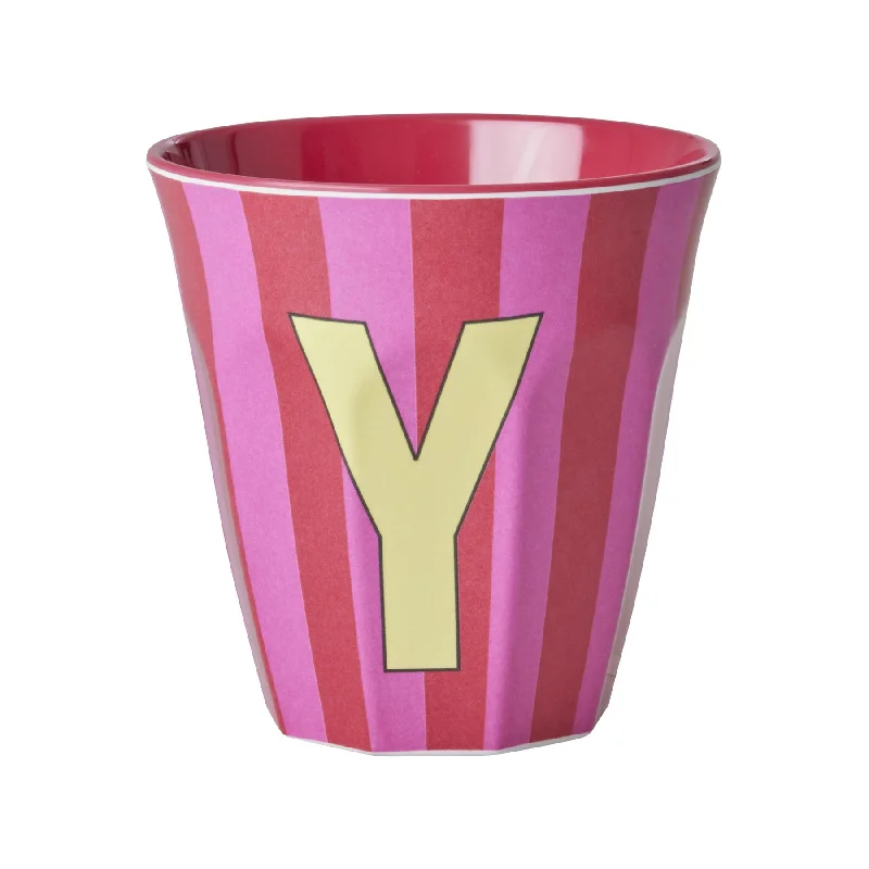 unique travel mugs for hiking-Rice DK Melamine Cup with The Letter Y - Stripes Pinkish - Medium - 250ml