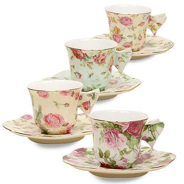 stylish coffee mugs for special occasions-Rose Chintz Butterfly Handle Demi Teacups in Gift Box