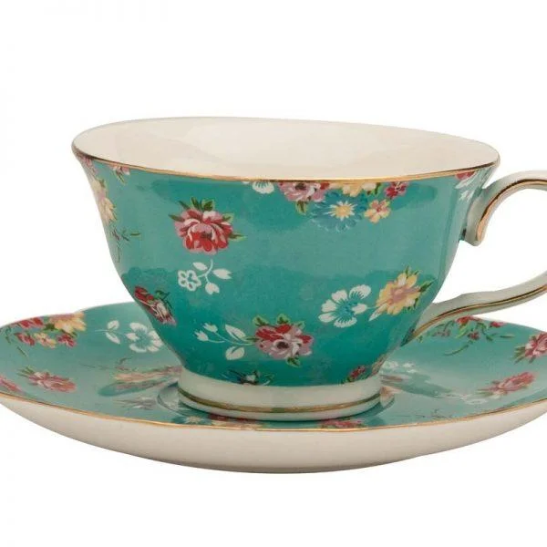 fun coffee mugs with quirky designs-Shabby Rose Turquoise Porcelain Tea Cups and Saucers