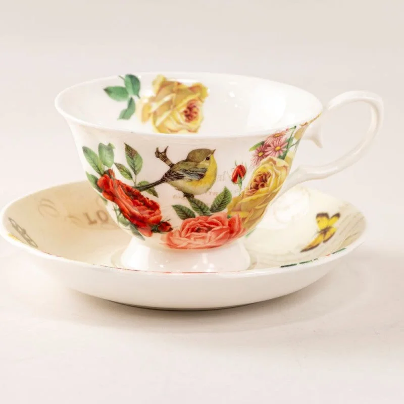 stylish tea mugs for daily use-Liz's Garden Yellow Bird Fine Bone China Tea Cup & Saucer