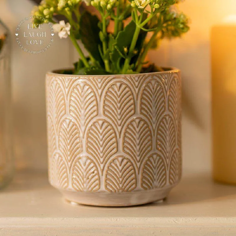 Handmade vases for dining table floral arrangements -Cream Leaf Ceramic Patterned Pot ***Clearance***