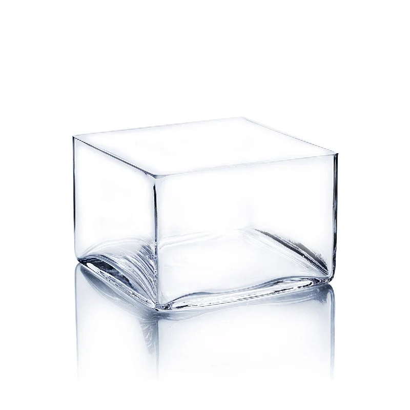 Handmade vases for contemporary home designs -4" Height Clear Square Block Pan Glass Vase, Candle Holder, 1 Piece