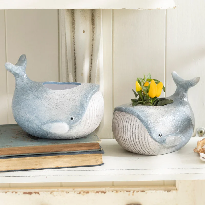 Designer vases for living room floral centerpieces -Ceramic Whale Planter