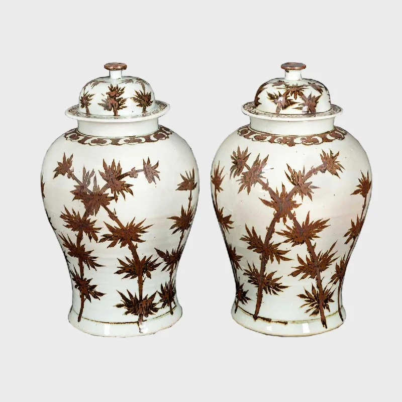 Elegant flower vases for contemporary floral arrangements -Pair of two Chinese Ceramic Vases with Lid, Hand-Painted Bamboo Motif