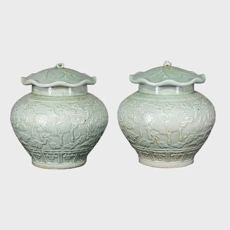 Tall designer flower vases for table decorations -Pair of two Chinese Ceramic Vases with Lid, Hand-Painted Soft Green Frosted Motif